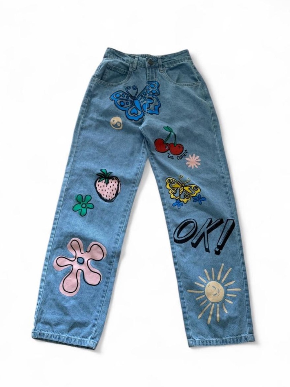 Daisy Street - Adorable Light Wash Denim Jeans with painted on pop art designs